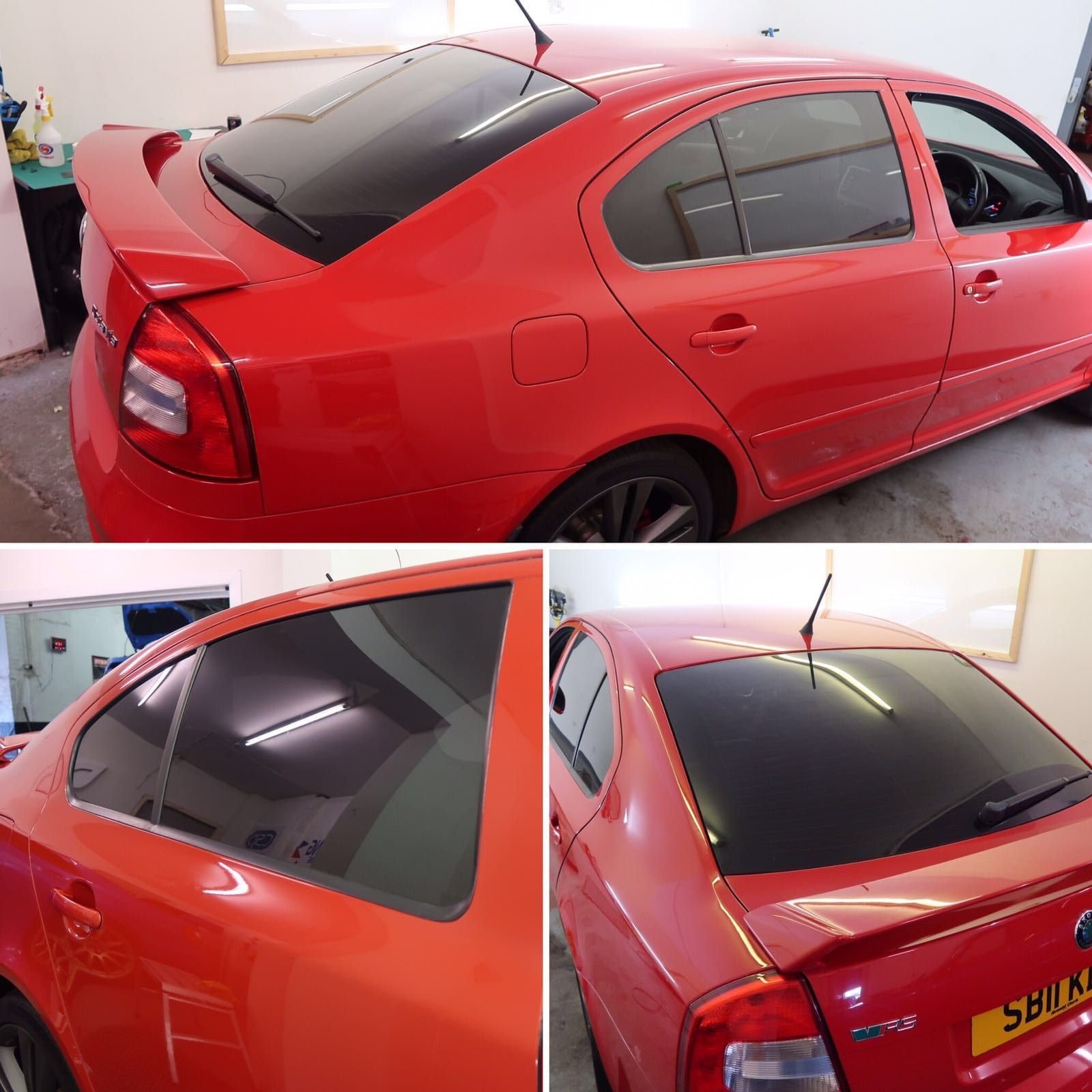 Three-image collage of a red Skoda Octavia vRS showing tinted rear screen and side windows.