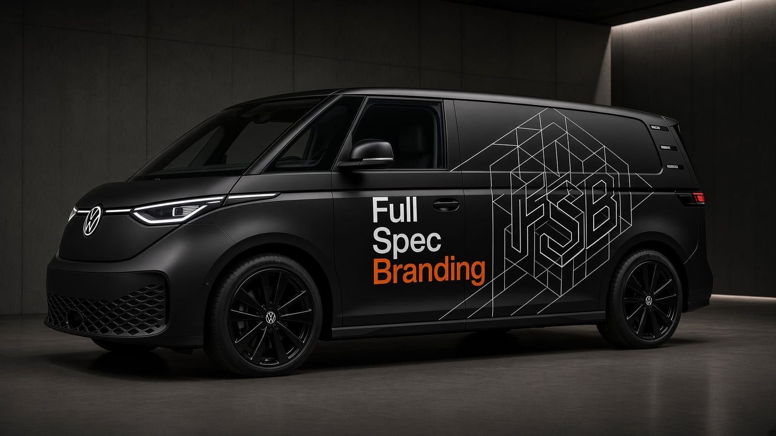 Rendered visual of a black VW ID Buzz van with "Full Spec Branding" livery concept, studio lighting. Labelled as a design concept, not a completed installation.
